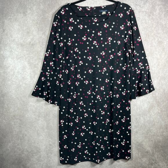 Tommy Hilfiger Dress Womens 16 Black Floral Knee Length Ruffle Shift Career Work - Picture 1 of 10